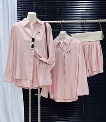 TB8044-Set áo sơ mi thêu kitty, quần short sọc Hồng (2 món)