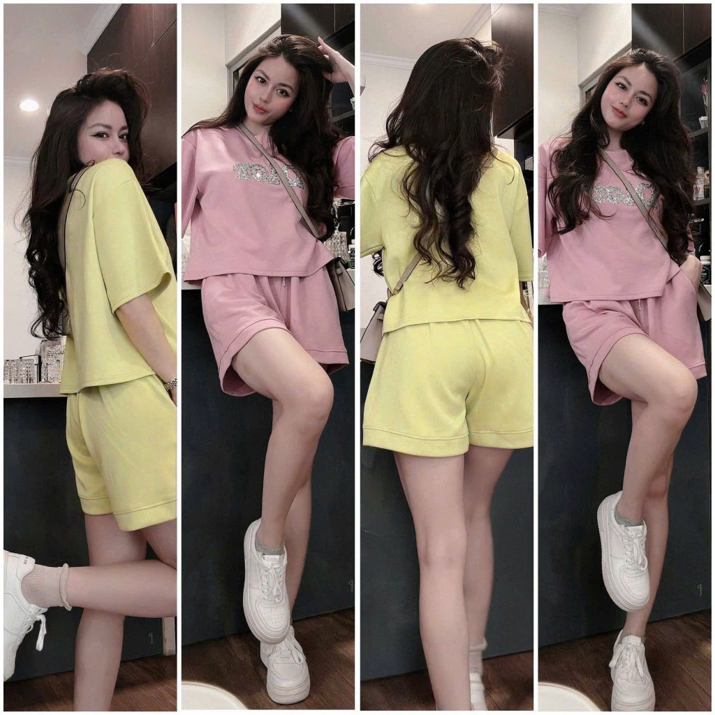 KS0637-Set thun áo dior đính hạt, quần short Hồng