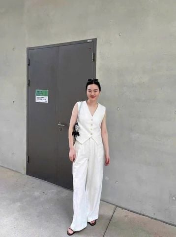 KS0639-Set linen áo gile, quần dài Kem