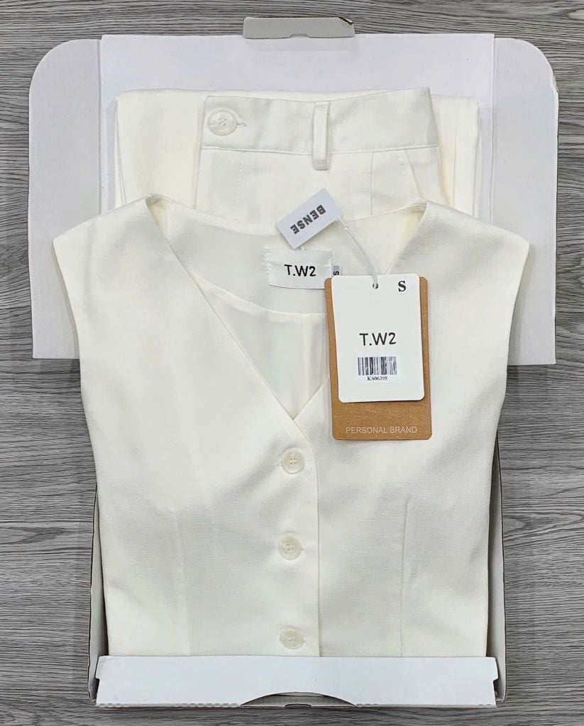 KS0639-Set linen áo gile, quần dài Kem
