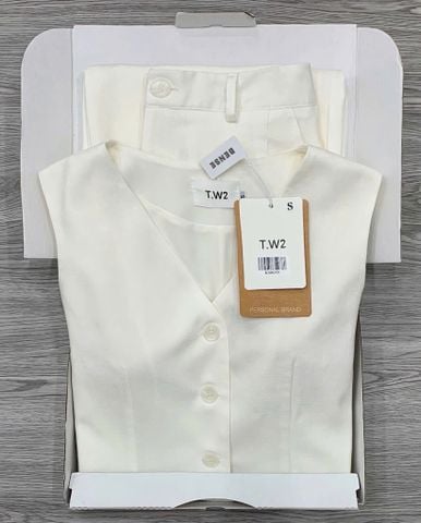 KS0639-Set linen áo gile, quần dài Kem