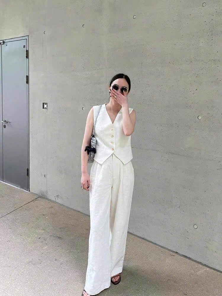 KS0639-Set linen áo gile, quần dài Kem