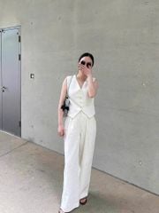 KS0639-Set linen áo gile, quần dài Kem
