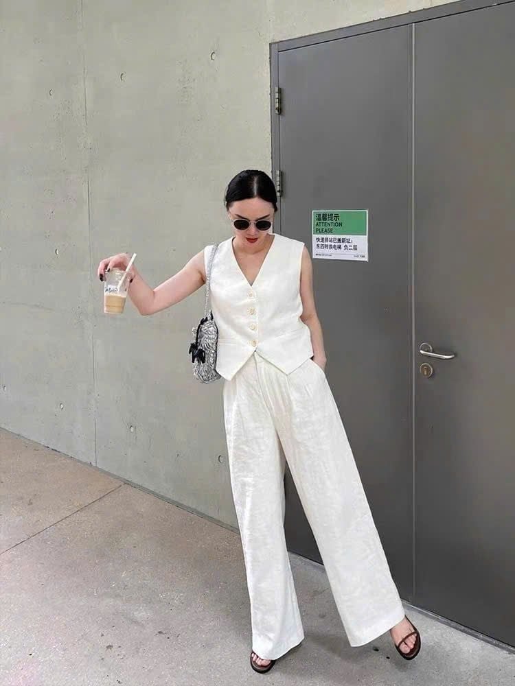 KS0639-Set linen áo gile, quần dài Kem