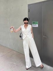 KS0639-Set linen áo gile, quần dài Kem