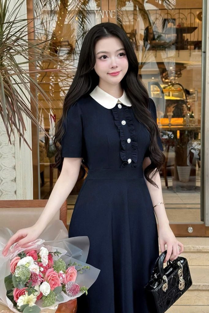 TQ1781-Đầm dài phối cổ sen ngực phối bèo X.Đen