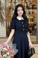 TQ1781-Đầm dài phối cổ sen ngực phối bèo X.Đen