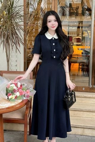 TQ1781-Đầm dài phối cổ sen ngực phối bèo X.Đen