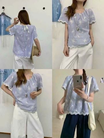 LEN2997 ÁO BABYDOLL SỌC THÊU VIỀN REN XANH 2838-1