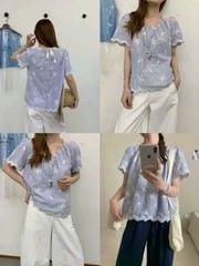 LEN2997 ÁO BABYDOLL SỌC THÊU VIỀN REN XANH 2838-1