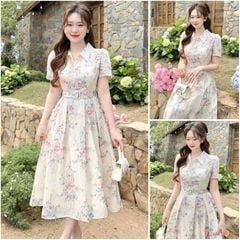 KS5103-Đầm kate thêu tùng xếp ly phối nút kèm đai CC