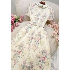 KS5103-Đầm kate thêu tùng xếp ly phối nút kèm đai CC