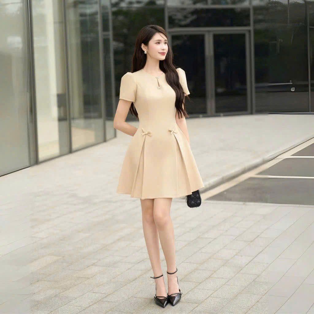 TB8220-Đầm xòe ngắn eo đính nơ Kem