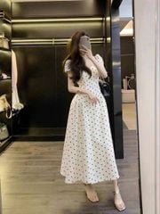TB5723-Đầm dài họa tiết chấm bị Kem