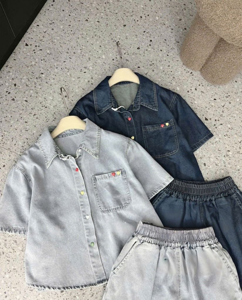 VGU0196-Set jean, áo sơ mi nút sắc màu+quần short Xanh Nhạt