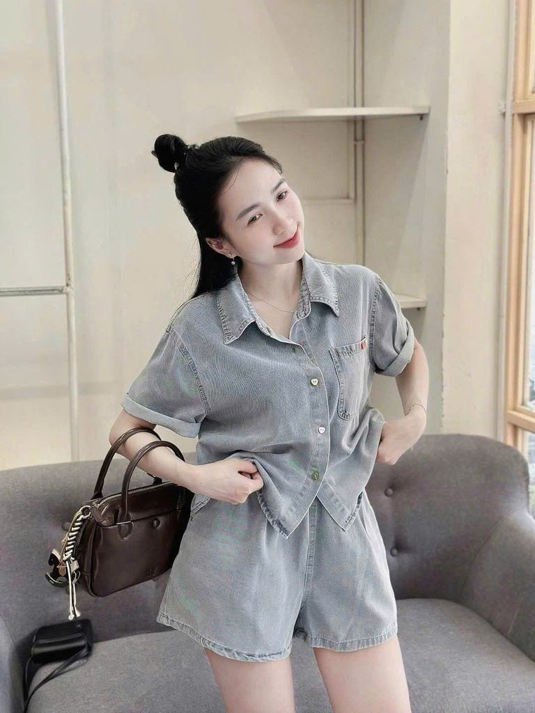 VGU0195-Set jean, áo sơ mi nút sắc màu+quần short Xanh Đậm