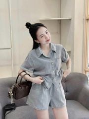 VGU0195-Set jean, áo sơ mi nút sắc màu+quần short Xanh Đậm