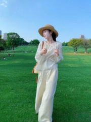 VRA0597-Set áo thêu nhúng bèo cổ, quần suông CC