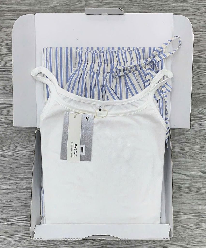 KS0693 - SET ÁO 2 DÂY TRẮNG + QUẦN SỌC XANH