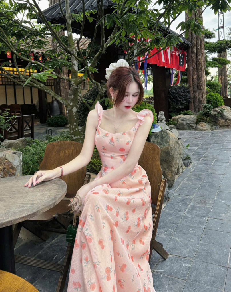 VRA0598 - ĐẦM CAM HỌA TIẾT HOA