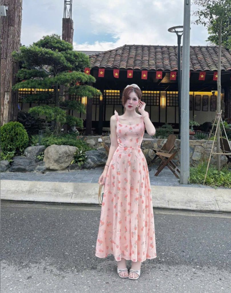 VRA0598 - ĐẦM CAM HỌA TIẾT HOA