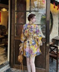 VGU9017- Đầm hoa suông tay loe, ngực phối bèo