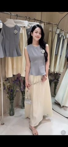 VGU0233 Set áo sát nách Xanh tag hoa, Cv dài Trắng