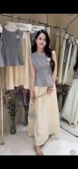 VGU0233 Set áo sát nách Xanh tag hoa, Cv dài Trắng
