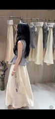 VGU0233 Set áo sát nách Xanh tag hoa, Cv dài Trắng