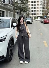 SKY8262-Set áo thun in chữ nhúng eo, quần suông phối cạp Xám