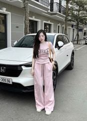 SKY8261-Set áo thun in chữ nhúng eo, quần suông phối cạp Hồng