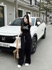 SKY8260-Set áo thun in chữ nhúng eo, quần suông phối cạp Đen
