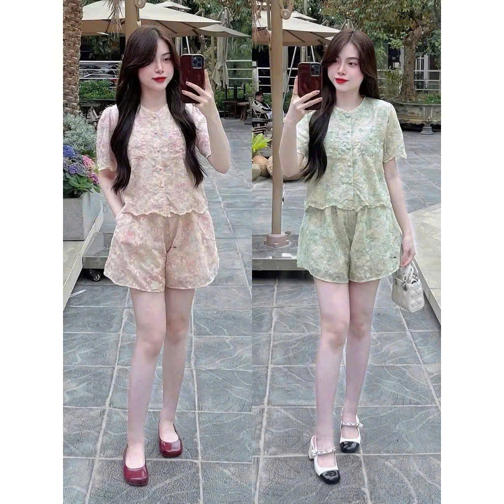 KS0720-Set kate thêu, áo đính nút ngọc+quần short Xanh
