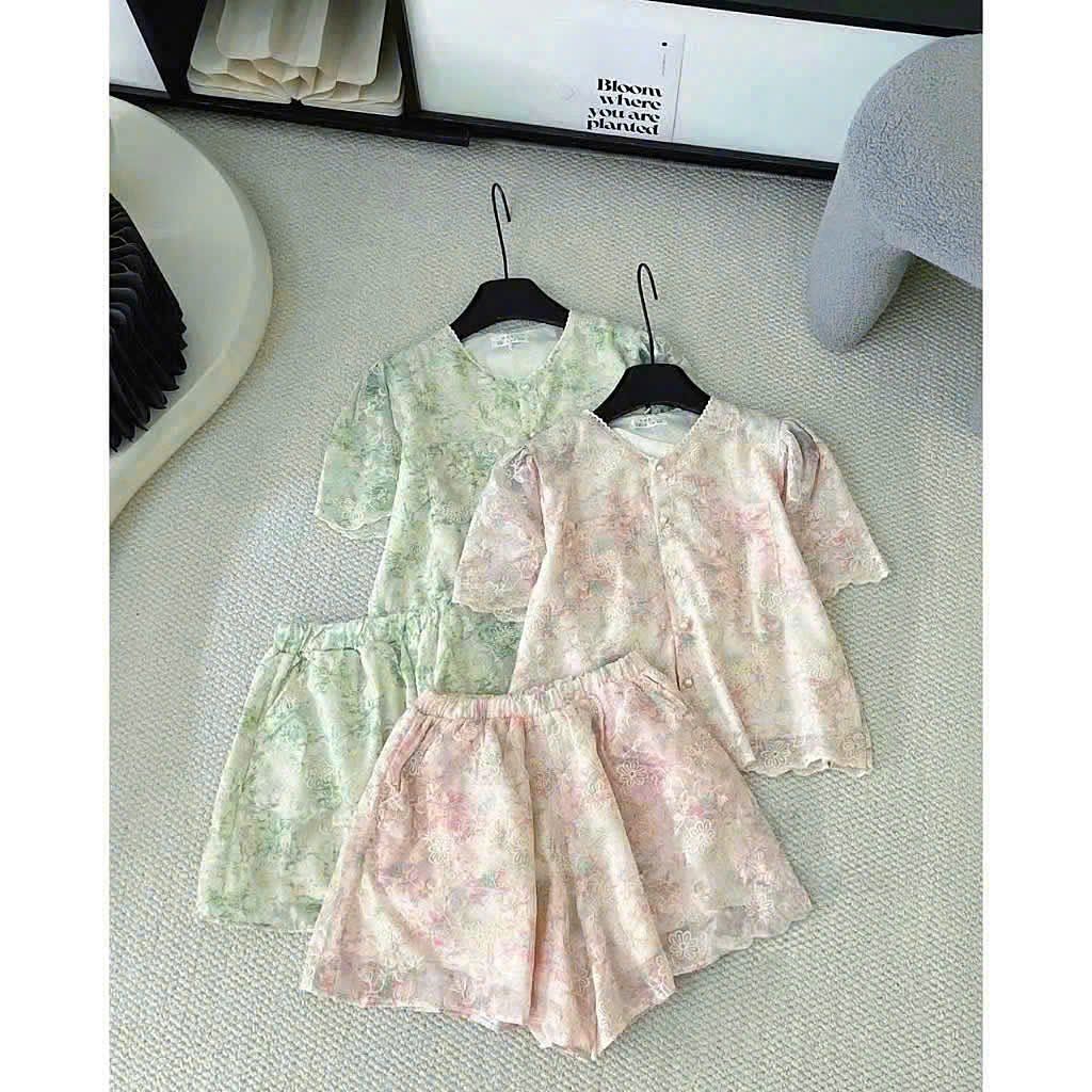 KS0720-Set kate thêu, áo đính nút ngọc+quần short Xanh
