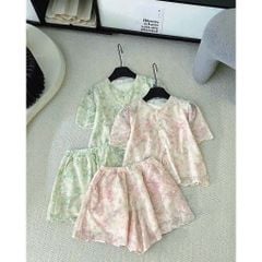 KS0720-Set kate thêu, áo đính nút ngọc+quần short Xanh