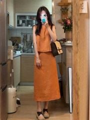 KS0723-Set linen, áo sát nách sau cổ phối nút, CV dài Cam