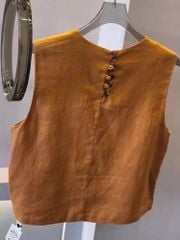 KS0723-Set linen, áo sát nách sau cổ phối nút, CV dài Cam