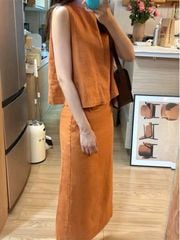 KS0723-Set linen, áo sát nách sau cổ phối nút, CV dài Cam