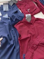 TQ4253-Set linen, áo sơ mi tay liền +CV ngắn Đỏ (kèm đai)