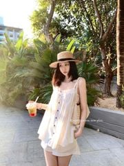 VGU0270-Set áo 2dây cổ nhúng bèo, quần short Đen