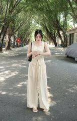 KS0731-Set áo cổ vuông phối nắp túi, quần dài Kem