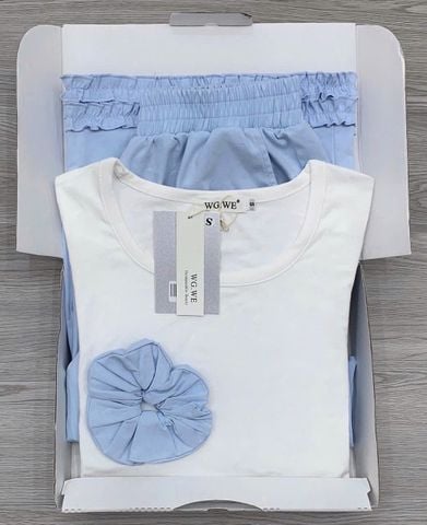 KS0736-Set áo thun body trắng, quần suông nhúng bèo Xanh