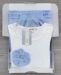 KS0736-Set áo thun body trắng, quần suông nhúng bèo Xanh