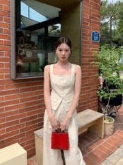 KS0731-Set áo cổ vuông phối nắp túi, quần dài Kem