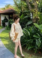 TB8263-Set áo tay bo thun+quần short thêu hoa nổi CC Kem