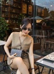 TB8282-Set áo kiểu Vest phối nắp túi, quần short Tím