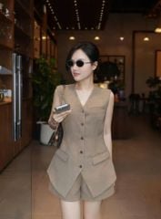 TB8282-Set áo kiểu Vest phối nắp túi, quần short Tím