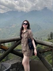 VGU0275-Set áo sơ mi, quần short caro Nâu