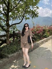 VGU0275-Set áo sơ mi, quần short caro Nâu