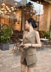 TB8282-Set áo kiểu Vest phối nắp túi, quần short Tím